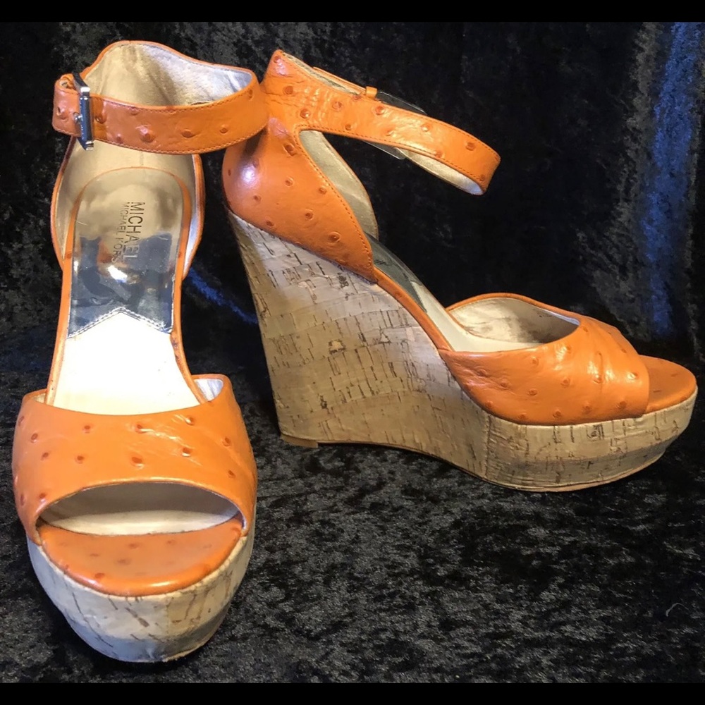 Platform Michael Kors Orange Ostrich Embossed Cork Sz 8.5 Wedge Sandals